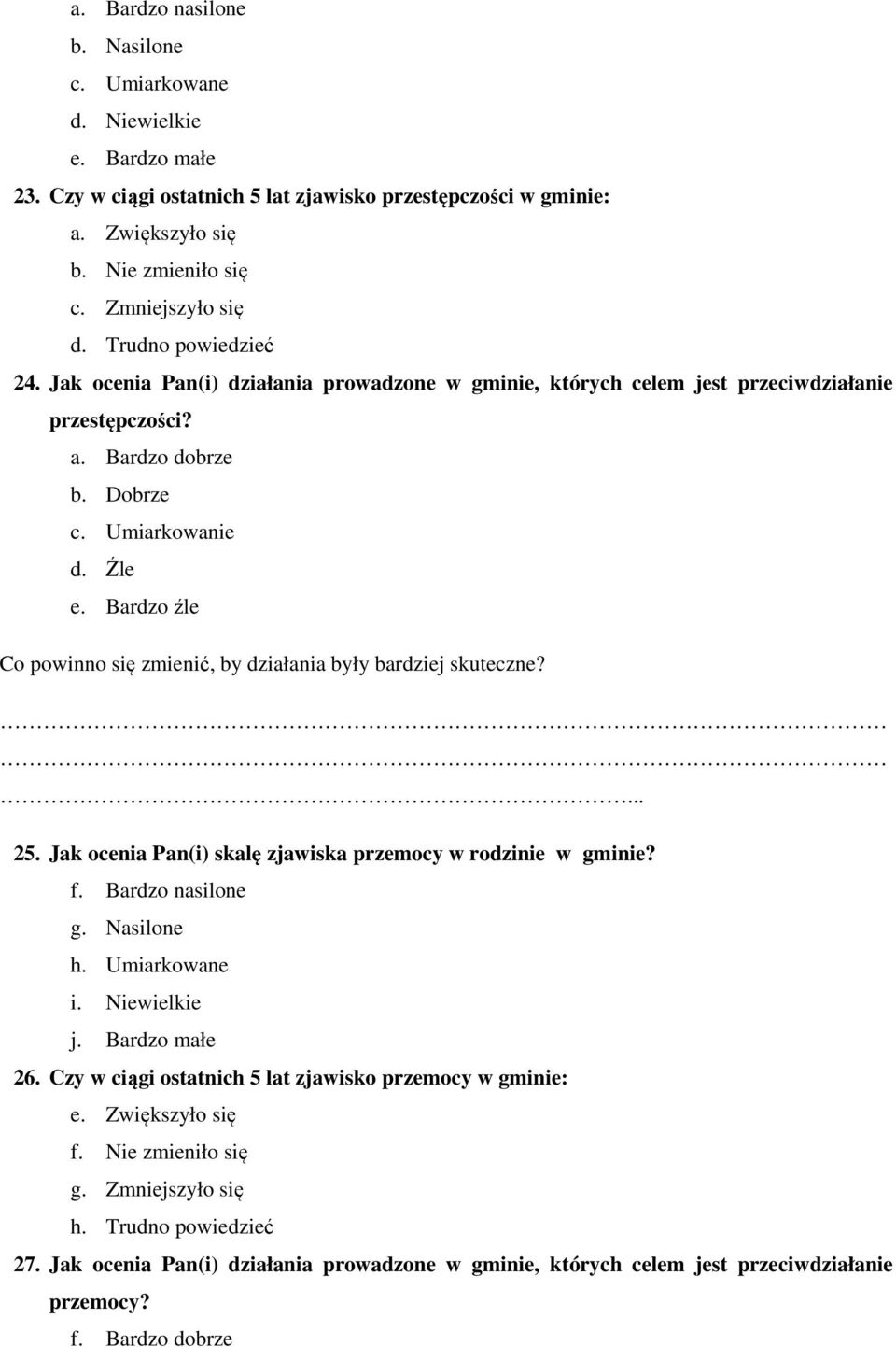 Jak ocenia Pan(i) skalę zjawiska przemocy w rodzinie w gminie? f. Bardzo nasilone g. Nasilone h. Umiarkowane i. Niewielkie j. Bardzo małe 26.