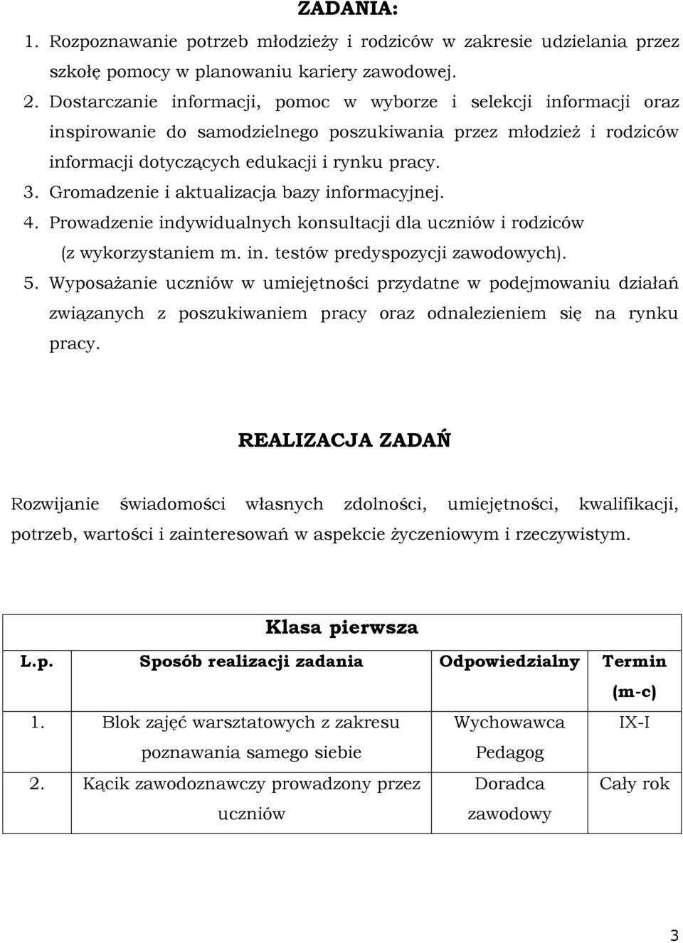 Gromadzenie i aktualizacja bazy informacyjnej. 4. Prowadzenie indywidualnych konsultacji dla uczniów i rodziców (z wykorzystaniem m. in. testów predyspozycji ch). 5.