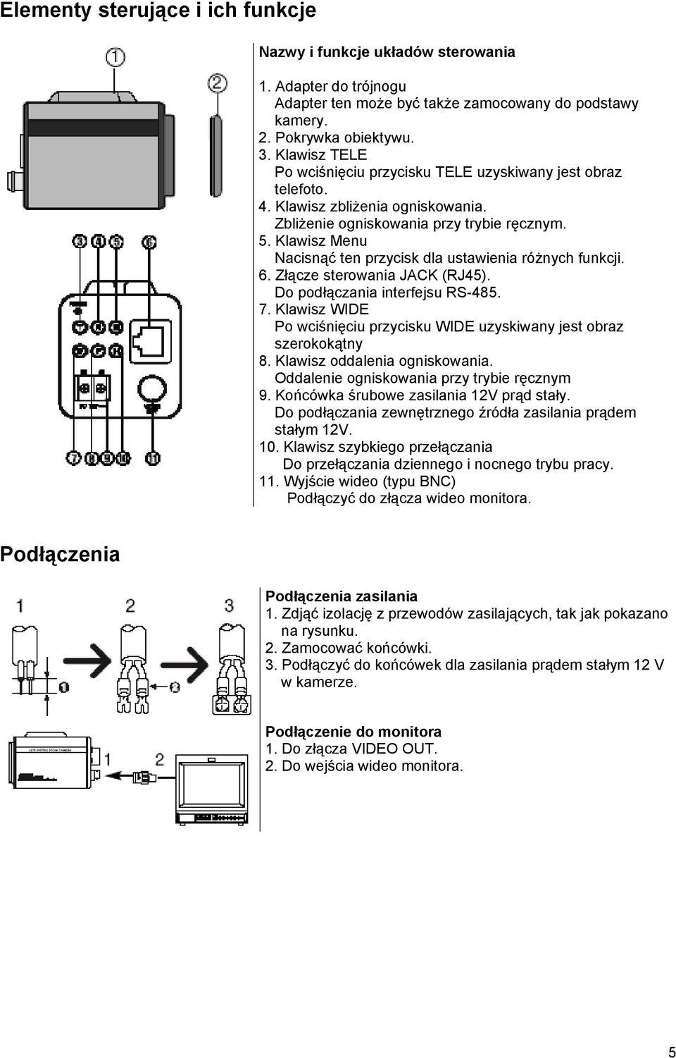 Klawisz Menu Nacisnąć ten przycisk dla ustawienia różnych funkcji. 6. Złącze sterowania JACK (RJ45). Do podłączania interfejsu RS-485. 7.