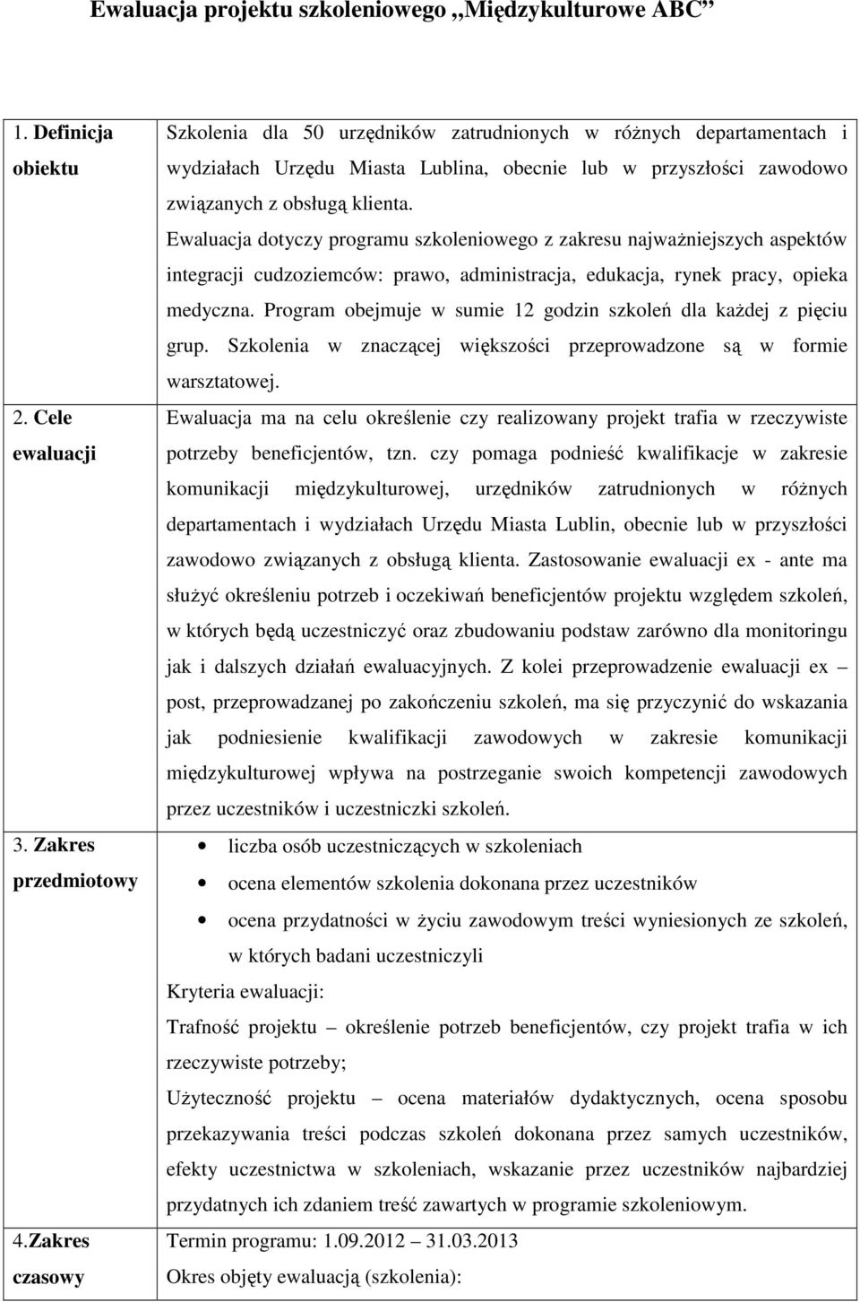 Ewaluacja dotyczy programu szkoleniowego z zakresu najważniejszych aspektów integracji cudzoziemców: prawo, administracja, edukacja, rynek pracy, opieka medyczna.