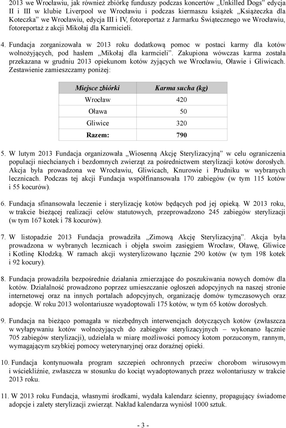 Fundacja zorganizowała w 2013 roku dodatkową pomoc w postaci karmy dla kotów wolnożyjących, pod hasłem Mikołaj dla karmcieli.