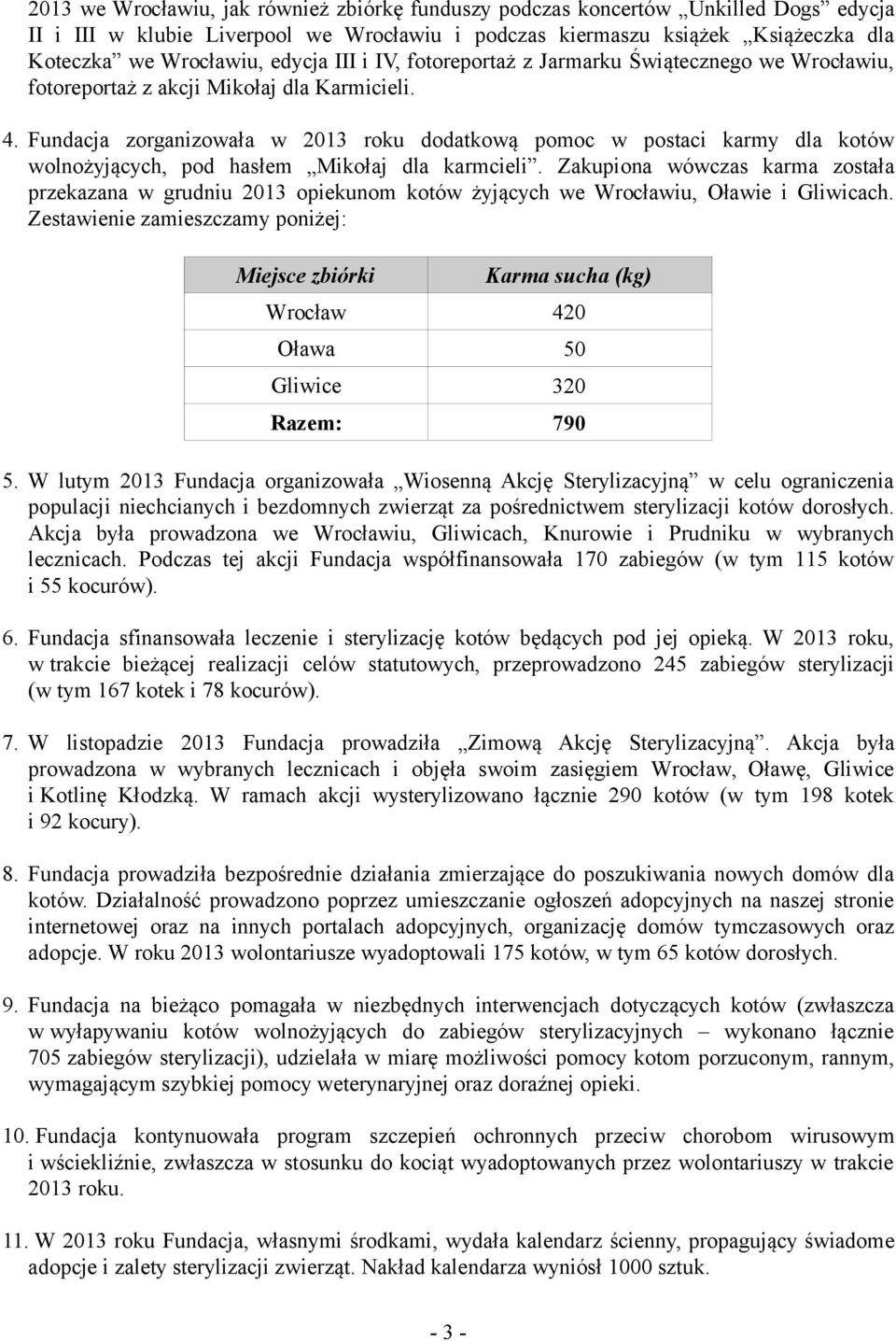 Fundacja zorganizowała w 2013 roku dodatkową pomoc w postaci karmy dla kotów wolnożyjących, pod hasłem Mikołaj dla karmcieli.