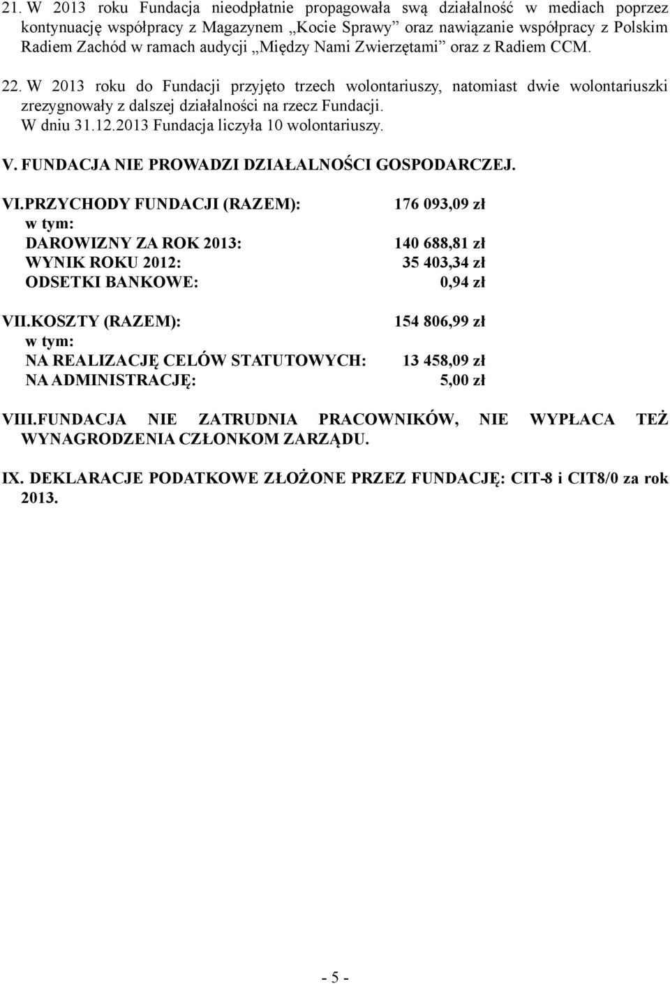 2013 Fundacja liczyła 10 wolontariuszy. V. FUNDACJA NIE PROWADZI DZIAŁALNOŚCI GOSPODARCZEJ. VI.PRZYCHODY FUNDACJI (RAZEM): w tym: DAROWIZNY ZA ROK 2013: WYNIK ROKU 2012: ODSETKI BANKOWE: VII.