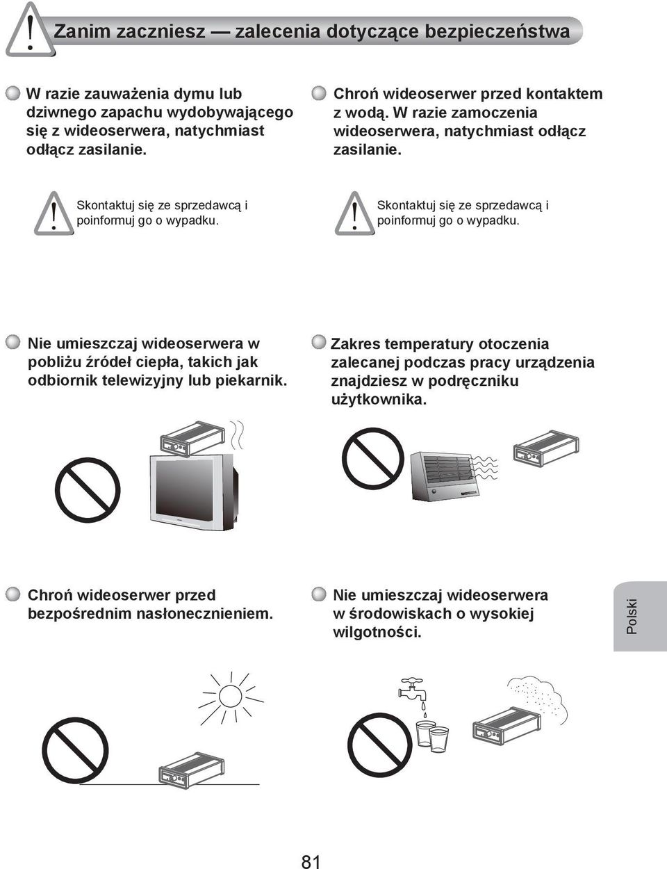 Skontaktuj się ze sprzedawcą i poinformuj go o wypadku. Nie umieszczaj wideoserwera w pobliżu źródeł ciepła, takich jak odbiornik telewizyjny lub piekarnik.