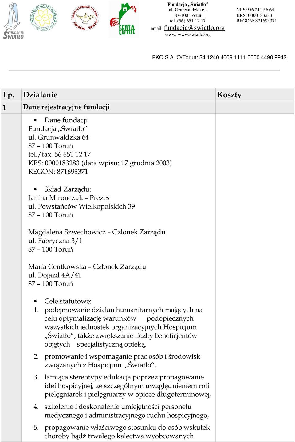 podejmowanie działań humanitarnych mających na celu optymalizację warunków podopiecznych wszystkich jednostek organizacyjnych Hospicjum Światło, takŝe zwiększanie liczby beneficjentów objętych