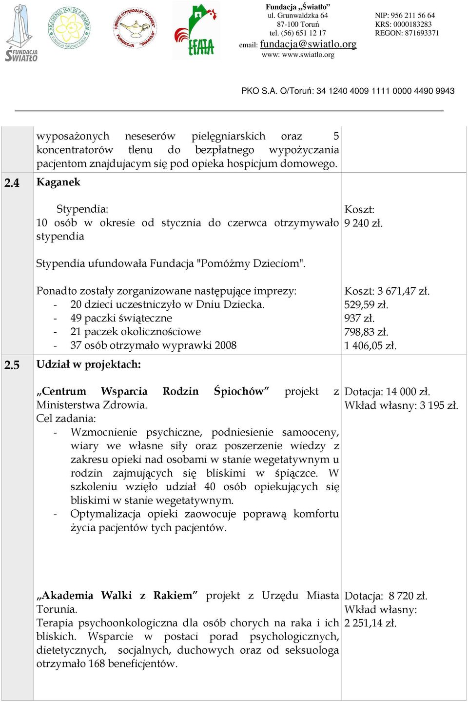 Ponadto zostały zorganizowane następujące imprezy: - 20 dzieci uczestniczyło w Dniu Dziecka. - 49 paczki świąteczne - 21 paczek okolicznościowe - 37 osób otrzymało wyprawki 2008 2.