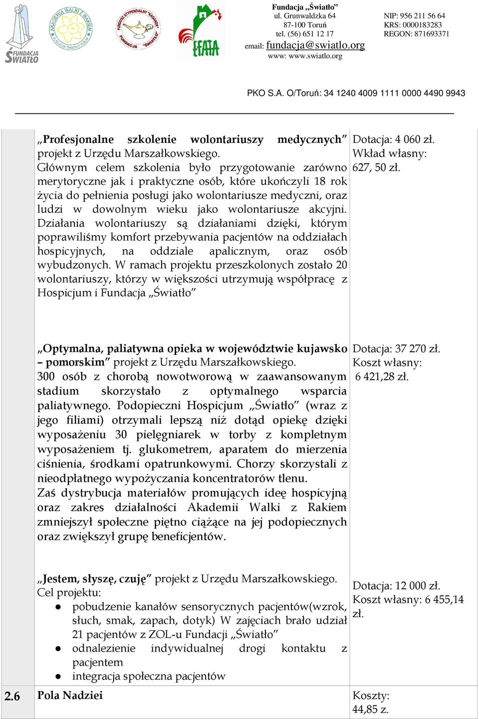 wolontariusze akcyjni. Działania wolontariuszy są działaniami dzięki, którym poprawiliśmy komfort przebywania pacjentów na oddziałach hospicyjnych, na oddziale apalicznym, oraz osób wybudzonych.