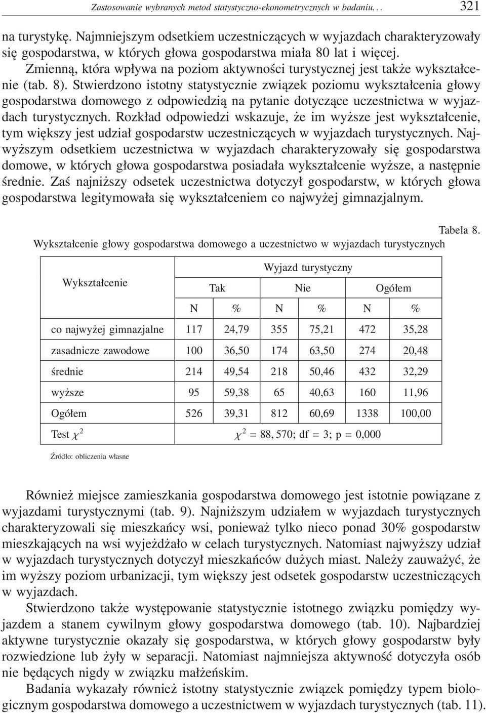 Zmienną, która wpływa na poziom aktywności turystycznej jest także wykształcenie (tab. 8).