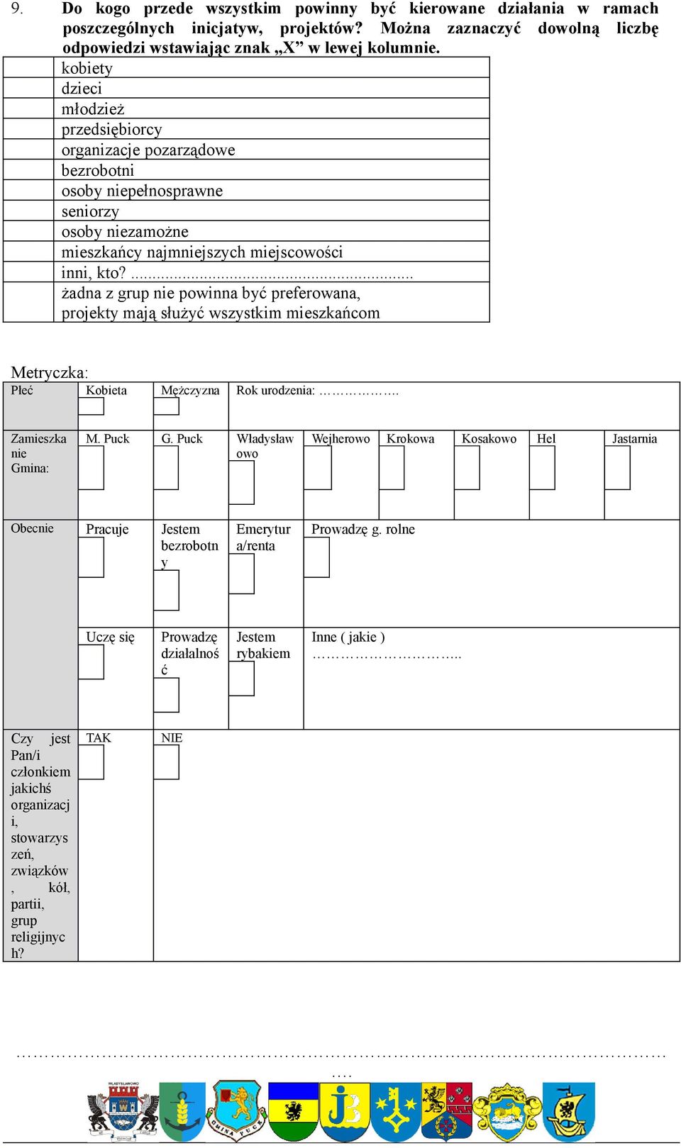 ... żadna z grup nie powinna być preferowana, projekty mają służyć wszystkim mieszkańcom Metryczka: Płeć Kobieta Mężczyzna Rok urodzenia:. Zamieszka nie Gmina: M. Puck G.