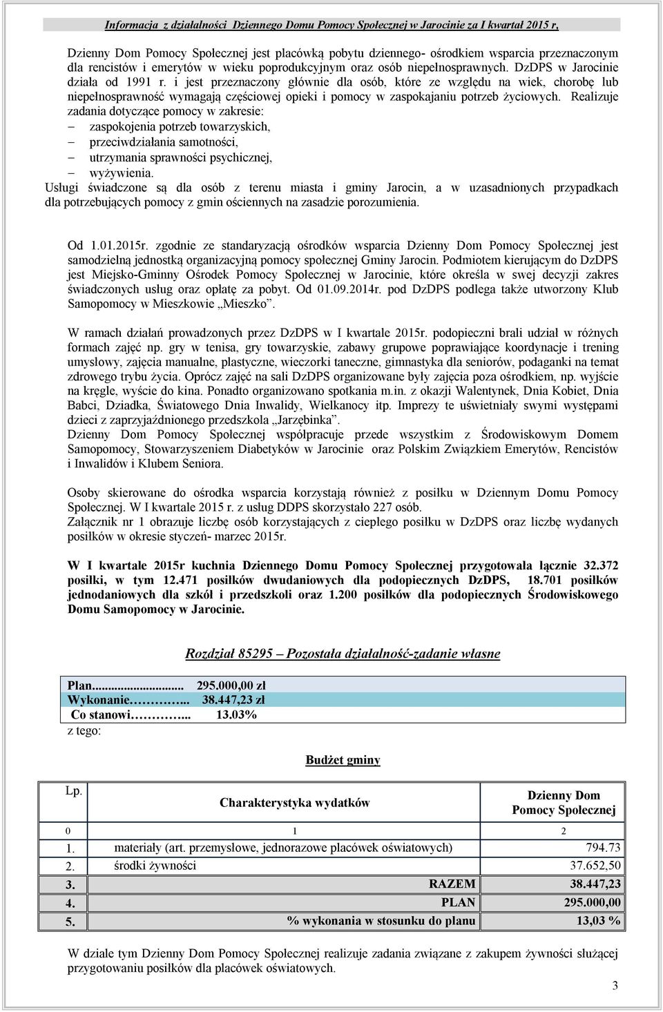 Realizuje zadania dotyczące pomocy w zakresie: zaspokojenia potrzeb towarzyskich, przeciwdziałania samotności, utrzymania sprawności psychicznej, wyżywienia.