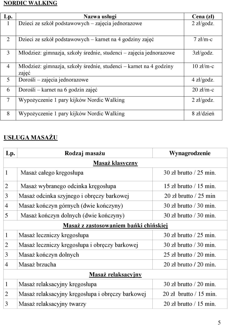 4 Młodzież: gimnazja, szkoły średnie, studenci karnet na 4 godziny 10 zł/m-c zajęć 5 Dorośli zajęcia jednorazowe 4 zł/godz.