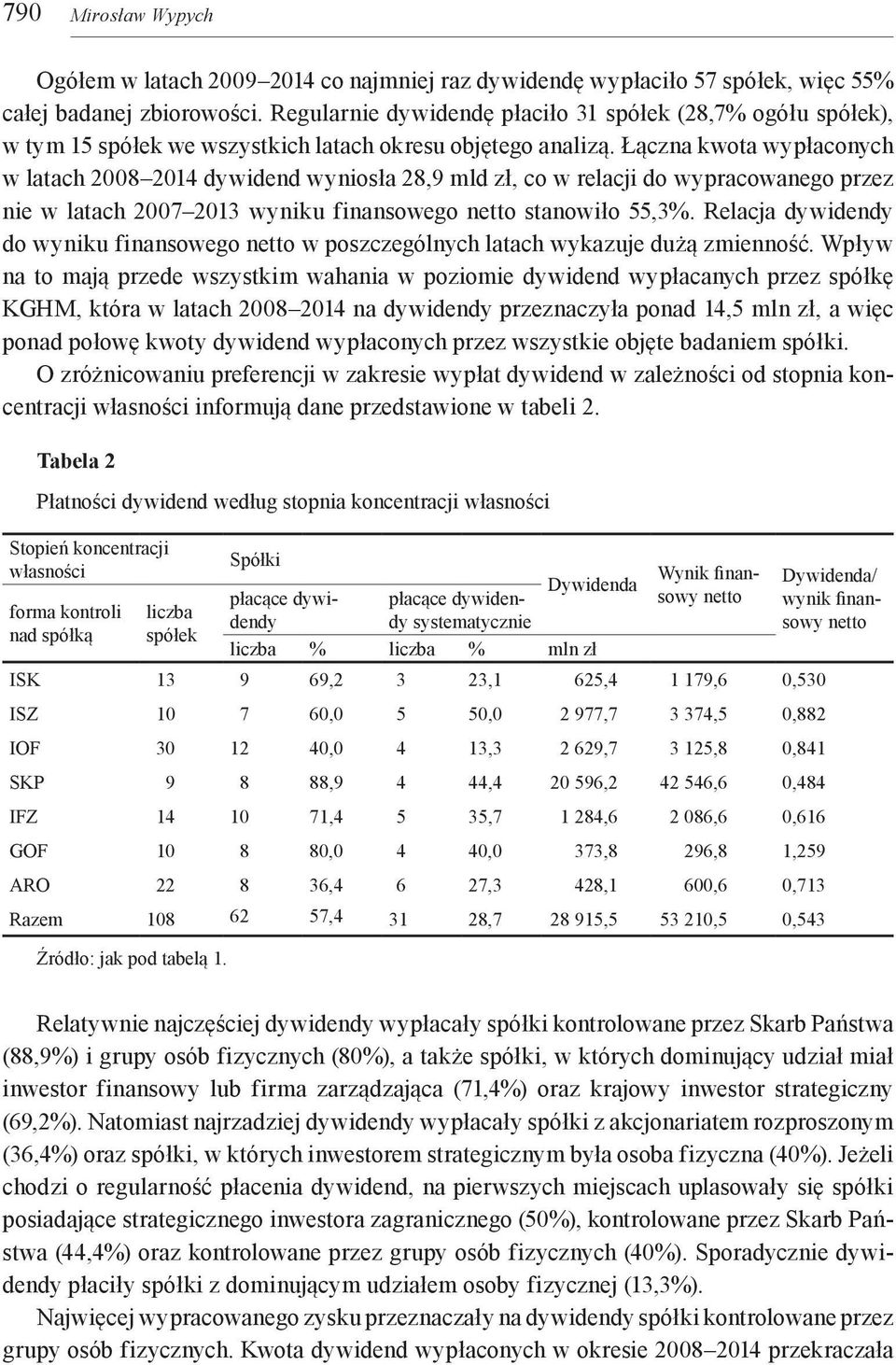 Łączna kwota wypłaconych w latach 2008 2014 dywidend wyniosła 28,9 mld zł, co w relacji do wypracowanego przez nie w latach 2007 2013 wyniku finansowego netto stanowiło 55,3%.