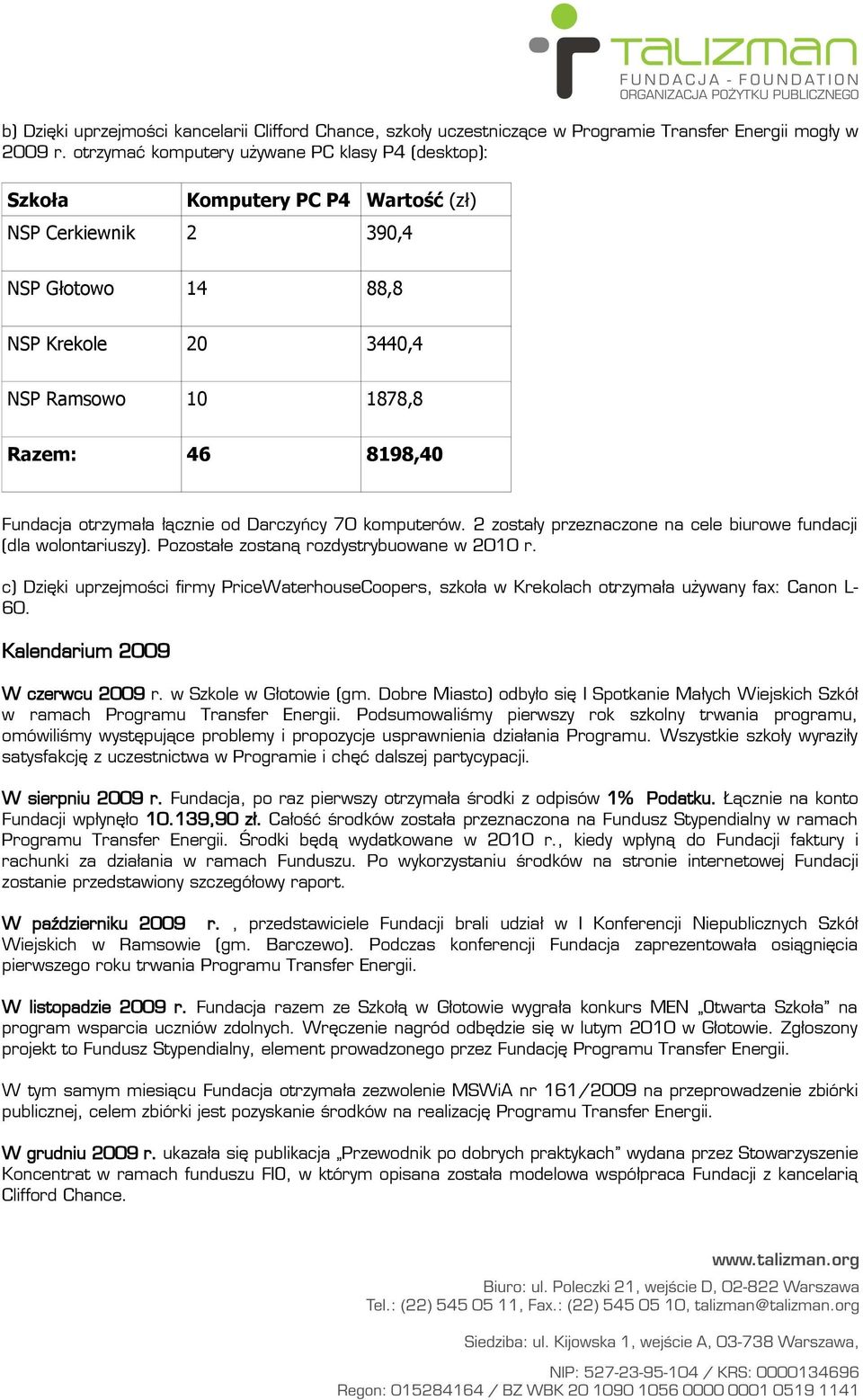 łącznie od Darczyńcy 70 komputerów. 2 zostały przeznaczone na cele biurowe fundacji (dla wolontariuszy). Pozostałe zostaną rozdystrybuowane w 2010 r.