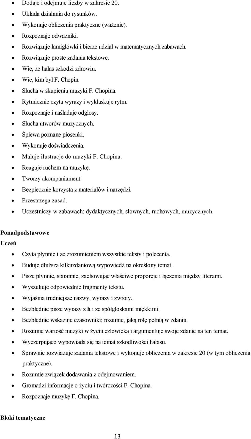 Rozpoznaje i naśladuje odgłosy. Słucha utworów muzycznych. Śpiewa poznane piosenki. Wykonuje doświadczenia. Maluje ilustracje do muzyki F. Chopina. Reaguje ruchem na muzykę. Tworzy akompaniament.