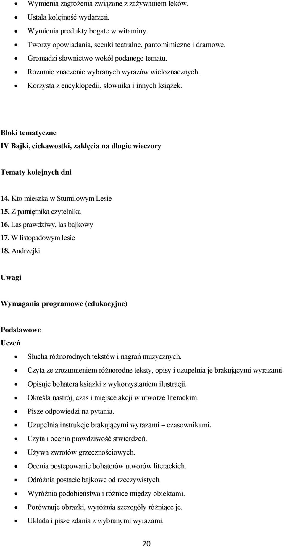IV Bajki, ciekawostki, zaklęcia na długie wieczory 14. Kto mieszka w Stumilowym Lesie 15. Z pamiętnika czytelnika 16. Las prawdziwy, las bajkowy 17. W listopadowym lesie 18.