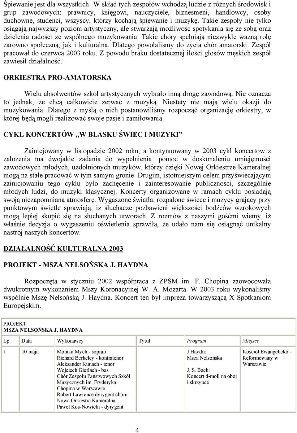 muzykę. Takie zespoły nie tylko osiągają najwyższy poziom artystyczny, ale stwarzają możliwość spotykania się ze sobą oraz dzielenia radości ze wspólnego muzykowania.