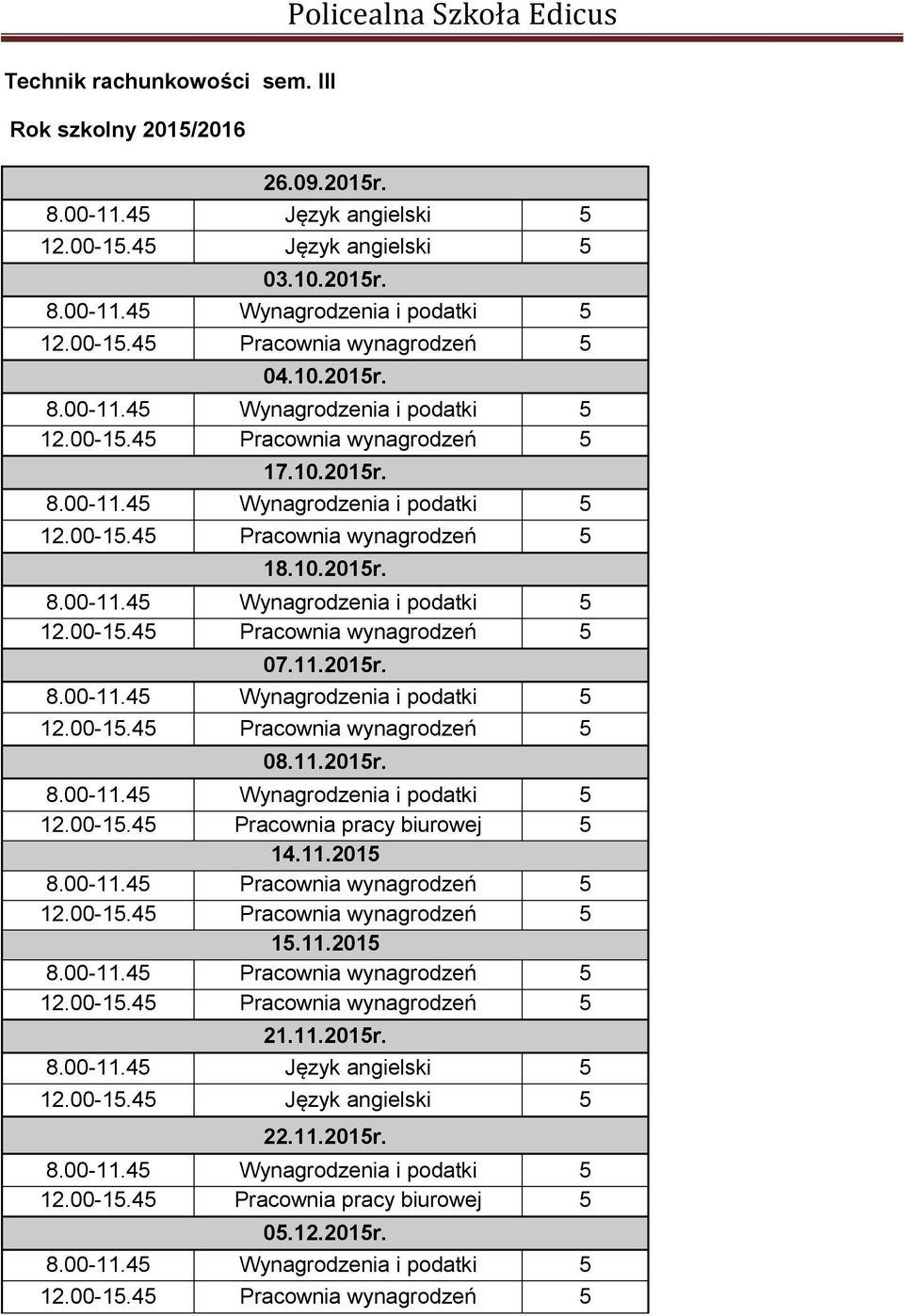 45 Pracownia pracy biurowej 5 14.11.2015 8.00-11.45 Pracownia wynagrodzeń 5 15.11.2015 8.00-11.45 Pracownia wynagrodzeń 5 21.