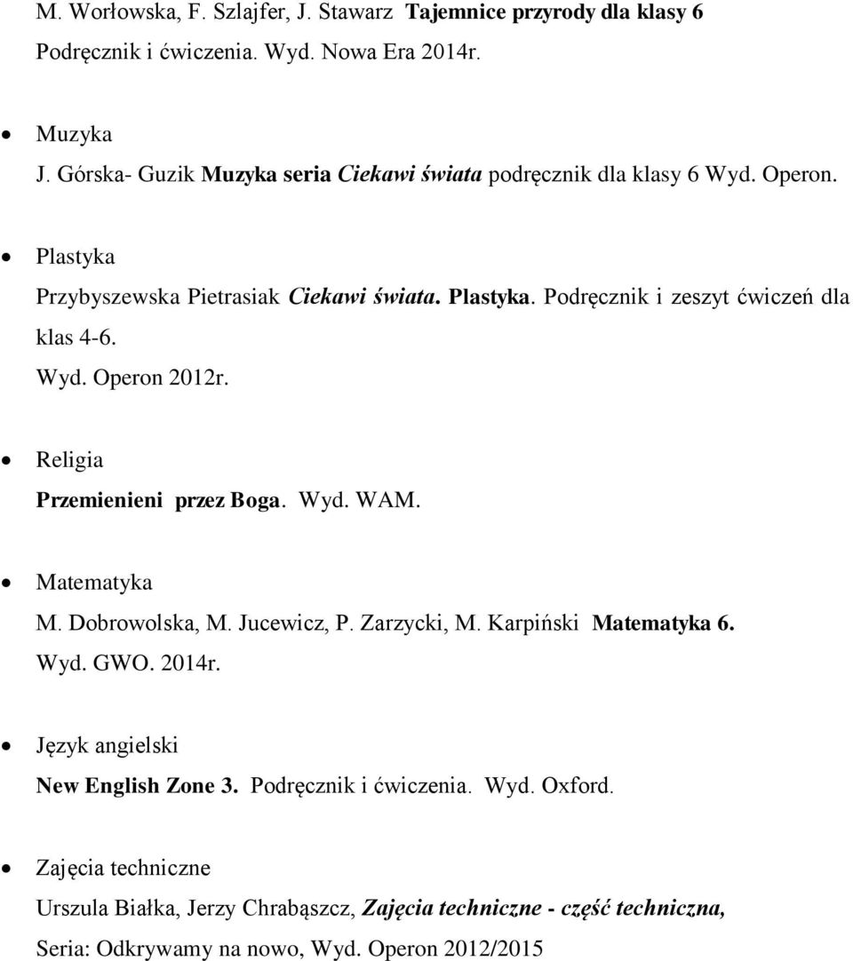 Wyd. Operon 2012r. Religia Przemienieni przez Boga. Wyd. WAM. Matematyka M. Dobrowolska, M. Jucewicz, P. Zarzycki, M. Karpiński Matematyka 6. Wyd. GWO. 2014r.