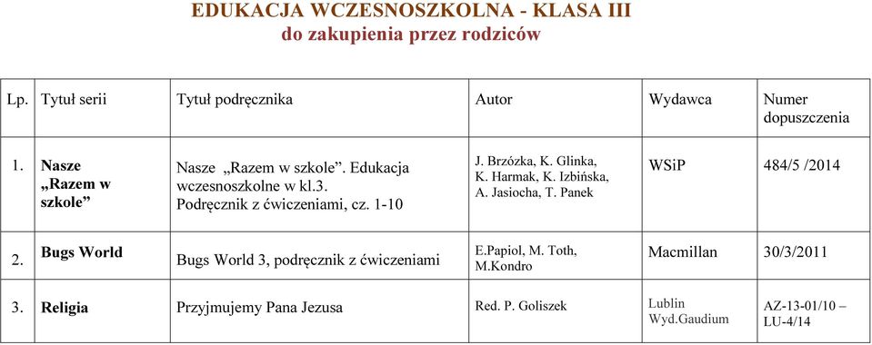 Edukacja wczesnoszkolne w kl.3. Podręcznik z ćwiczeniami, cz. 1-10 J. Brzózka, K. Glinka, K. Harmak, K. Izbińska, A. Jasiocha, T.