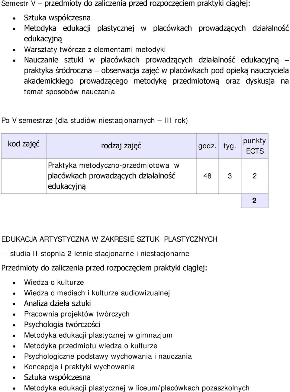 przedmiotową oraz dyskusja na temat sposobów nauczania Po V semestrze (dla studiów niestacjonarnych III rok) kod zajęć pozostałe zajęcia rodzaj zajęć godz. tyg.