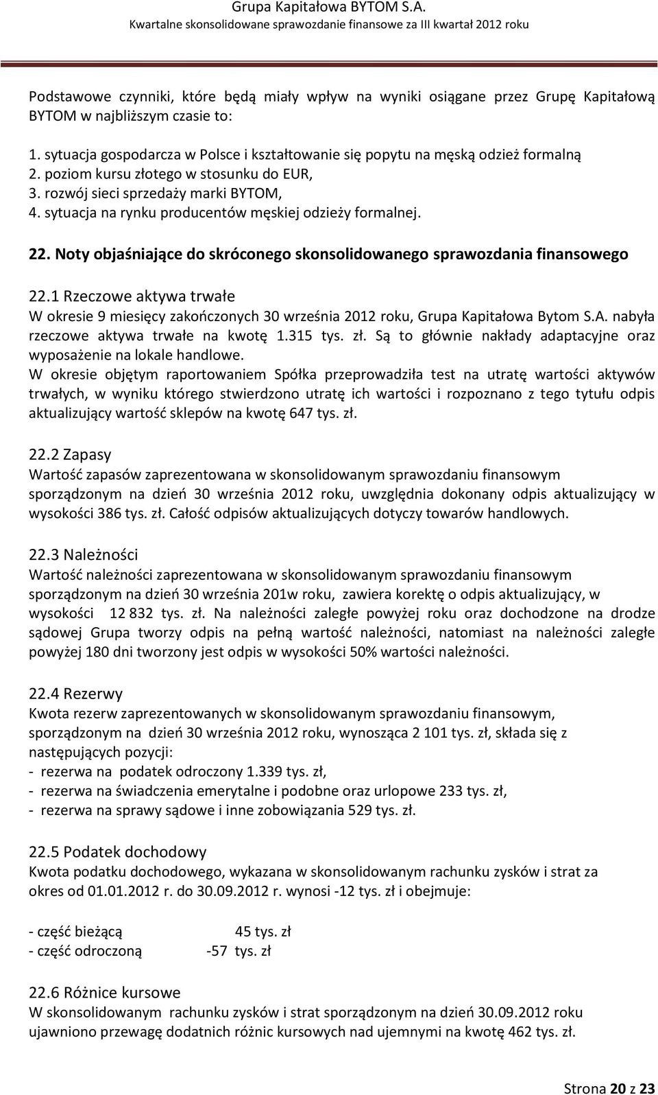 sytuacja na rynku producentów męskiej odzieży formalnej. 22. Noty objaśniające do skróconego skonsolidowanego sprawozdania finansowego 22.