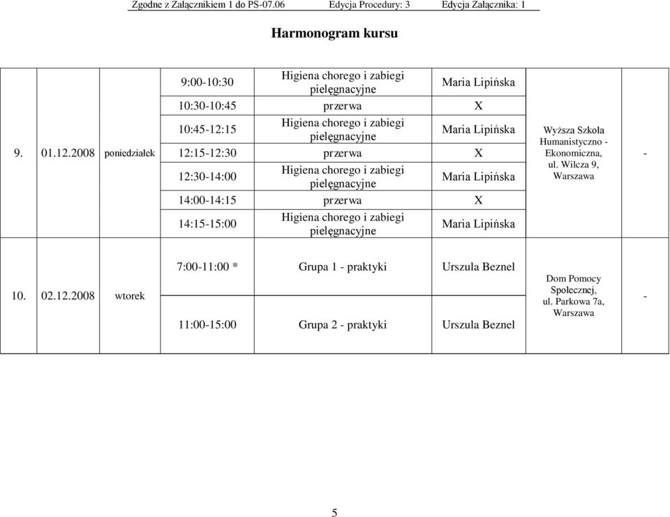 przerwa X 14:1515:00 Wyższa Szkoła Humanistyczno Ekonomiczna, ul. Wilcza 9, 10. 02.12.