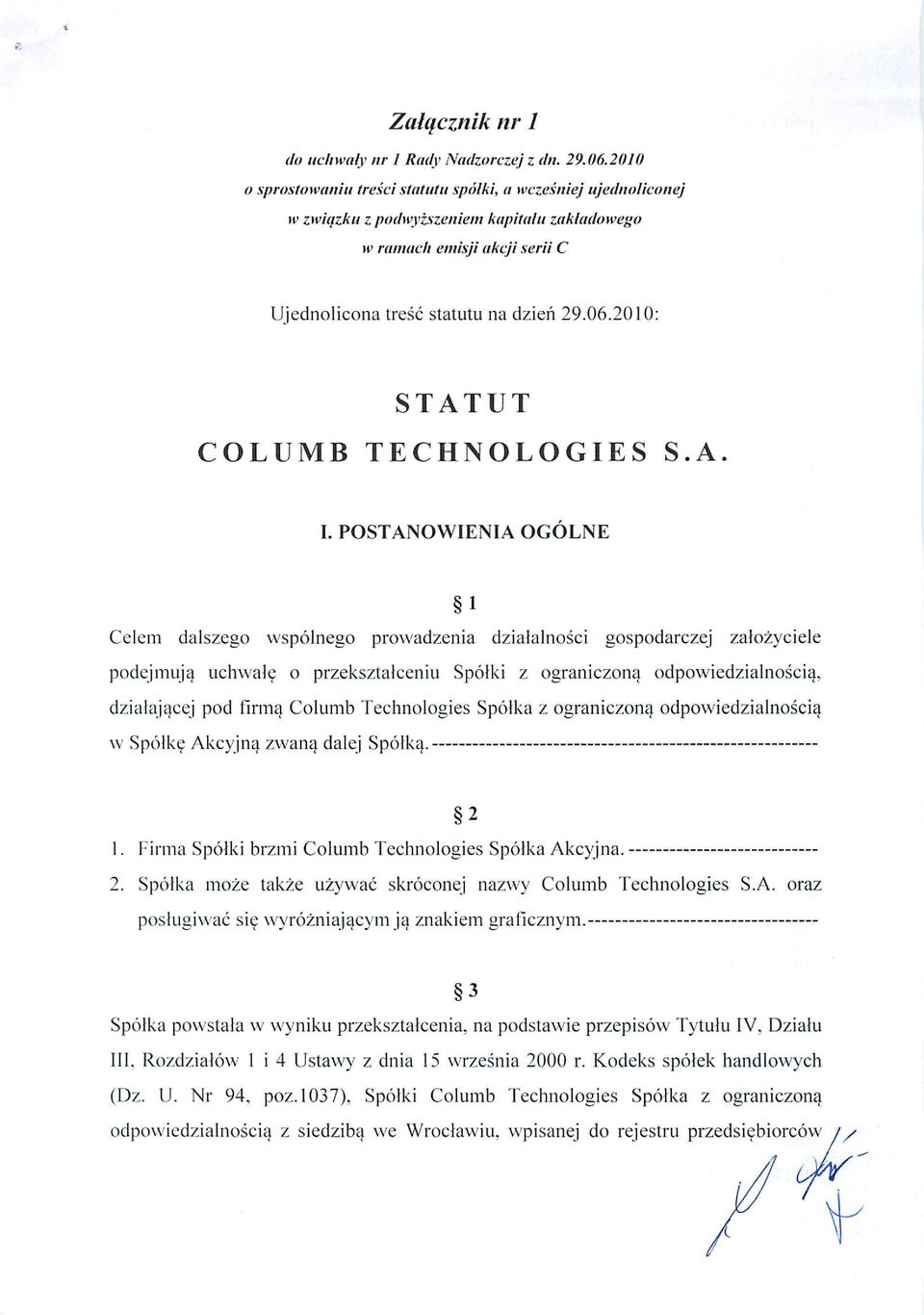 2010: STATUT COLUMB TECHNOLOGIES S.A. I.