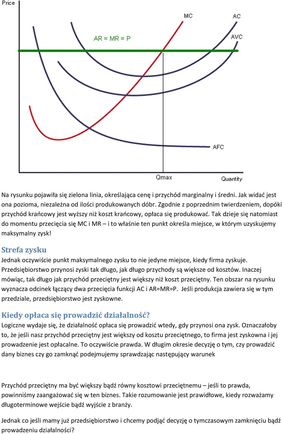 Tak dzieje się natomiast do momentu przecięcia się MC i MR i to właśnie ten punkt określa miejsce, w którym uzyskujemy maksymalny zysk!