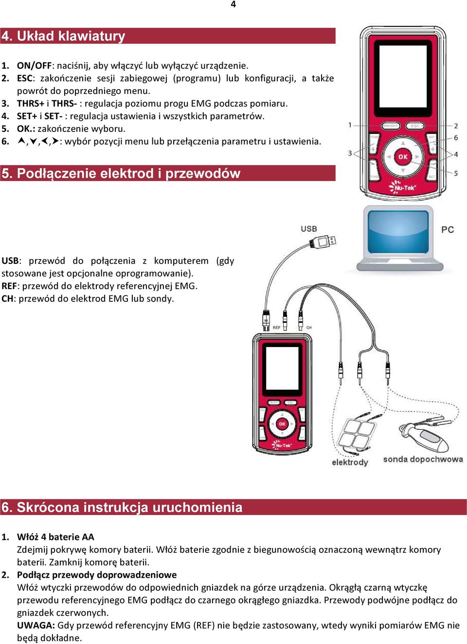 ,,, : wybór pozycji menu lub przełączenia parametru i ustawienia. 5. Podłączenie elektrod i przewodów USB: przewód do połączenia z komputerem (gdy stosowane jest opcjonalne oprogramowanie).