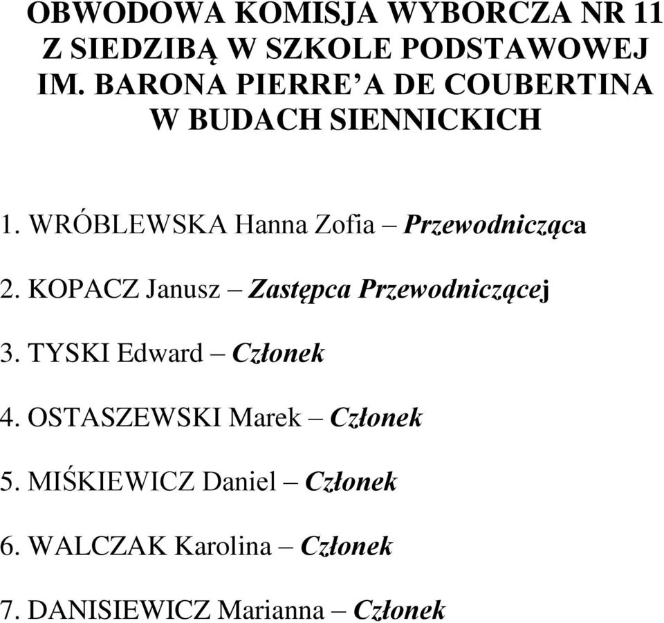 WRÓBLEWSKA Hanna Zofia Przewodnicząca 2. KOPACZ Janusz Zastępca Przewodniczącej 3.