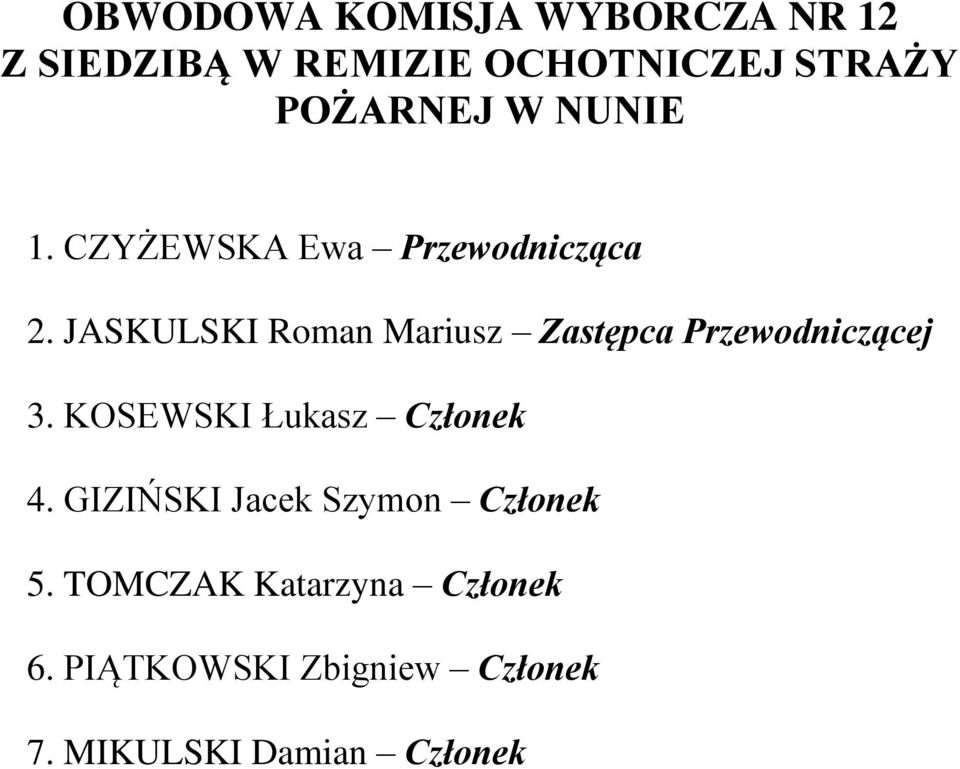 JASKULSKI Roman Mariusz Zastępca Przewodniczącej 3. KOSEWSKI Łukasz Członek 4.
