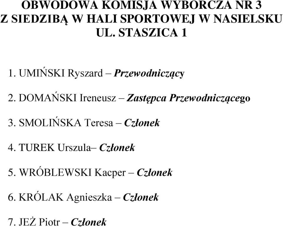 DOMAŃSKI Ireneusz Zastępca Przewodniczącego 3. SMOLIŃSKA Teresa Członek 4.