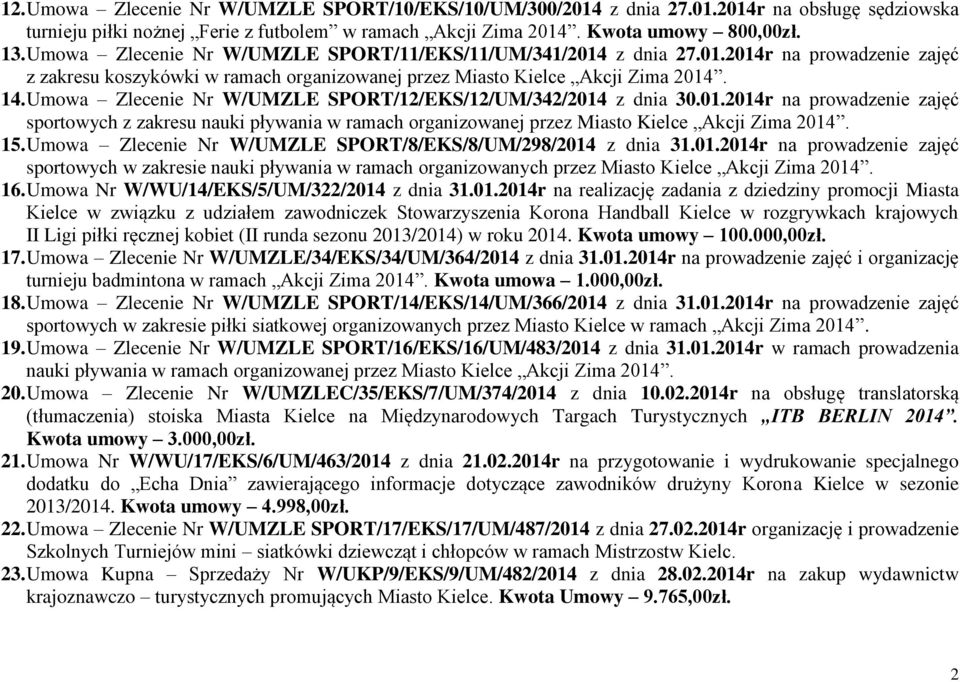 Umowa Zlecenie Nr W/UMZLE SPORT/12/EKS/12/UM/342/2014 z dnia 30.01.2014r na prowadzenie zajęć sportowych z zakresu nauki pływania w ramach organizowanej przez Miasto Kielce Akcji Zima 2014. 15.