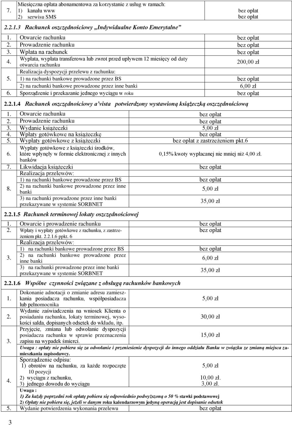 Realizacja dyspozycji przelewu z rachunku: 1) na rachunki bankowe prowadzone przez 2) na rachunki bankowe prowadzone przez inne banki 6,00 zł Sporządzenie i przekazanie jednego wyciągu w roku 2.2.1.4 Rachunek oszczędnościowy a vista potwierdzony wystawioną książeczką oszczędnościową 1.
