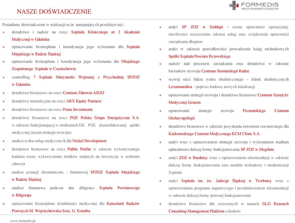 Rudzie Śląskiej + opracowanie biznesplanu i koordynacja jego wykonania dla Miejskiego Zespolonego Szpitala w Częstochowie + controlling 7 Szpitala Marynarski Wojennej z Przychodnią SPZOZ wgdańsku +