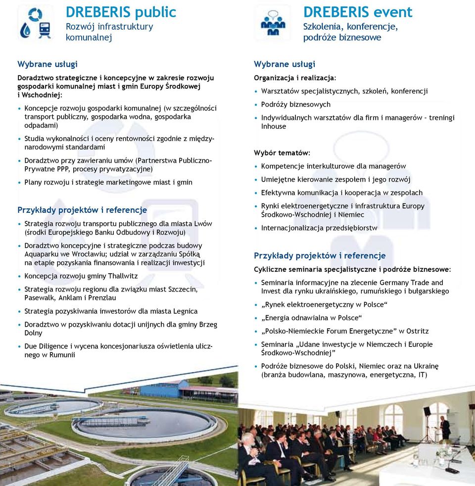 z międzynarodowymi standardami Doradztwo przy zawieraniu umów (Partnerstwa Publiczno- Prywatne PPP, procesy prywatyzacyjne) Plany rozwoju i i strategie marketingowe miast i gmin Przykłady projektów i