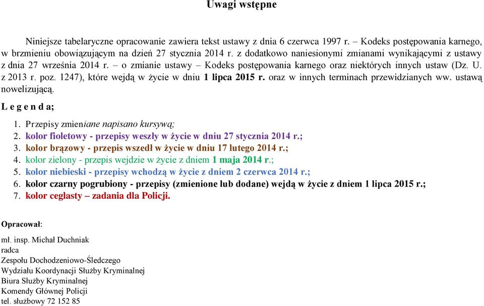 1247), które wejdą w życie w dniu 1 lipca 2015 r. oraz w innych terminach przewidzianych ww. ustawą nowelizującą. L e g e n d a; 1. Przepisy zmieniane napisano kursywą; 2.