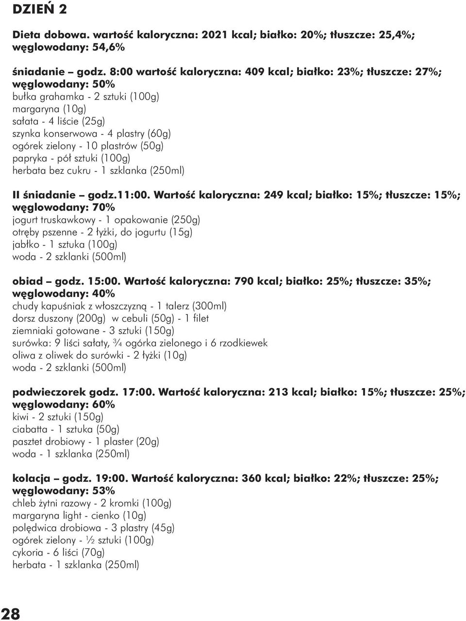 zielony - 10 plastrów (50g) papryka - pół sztuki (100g) herbata bez cukru - 1 szklanka (250ml) II śniadanie godz.11:00.