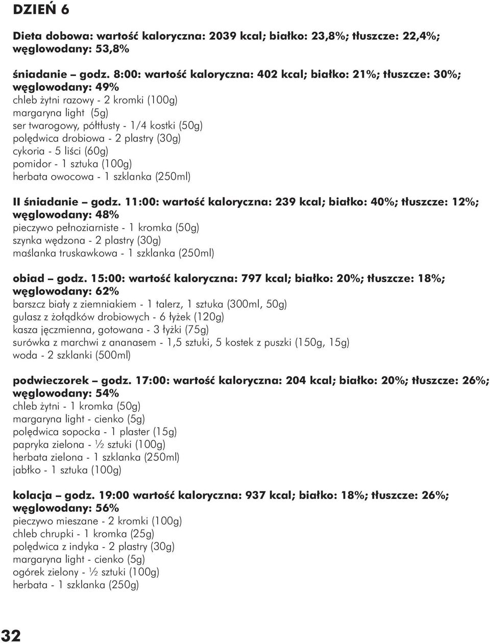 drobiowa - 2 plastry (30g) cykoria - 5 liści (60g) pomidor - 1 sztuka (100g) herbata owocowa - 1 szklanka (250ml) II śniadanie godz.