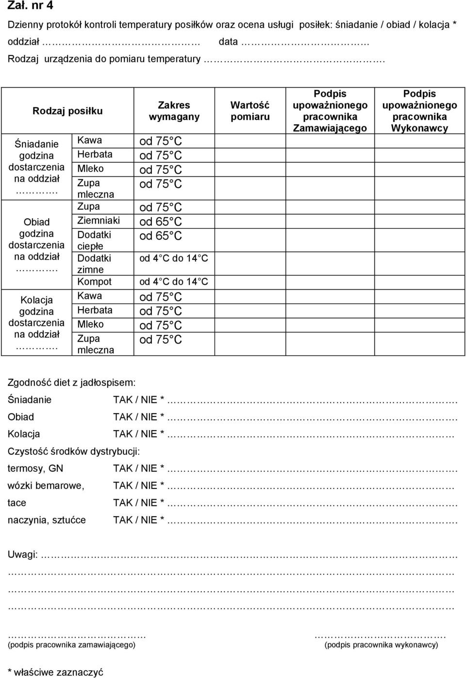Zakres wymagany Kawa od 75 C Herbata od 75 C Mleko od 75 C Zupa mleczna od 75 C Zupa od 75 C Ziemniaki od 65 C Dodatki ciepłe od 65 C Dodatki od 4 C do 14 C zimne Kompot od 4 C do 14 C Kawa od 75 C