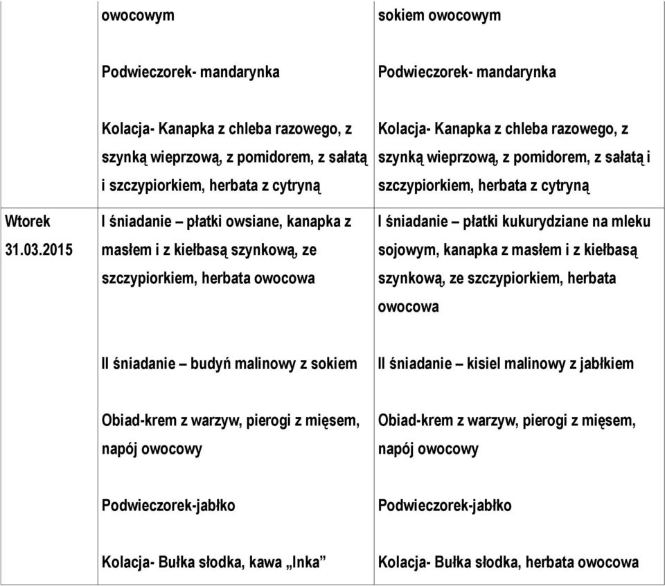 szczypiorkiem, herbata Kolacja- Kanapka z chleba razowego, z szynką wieprzową, z pomidorem, z sałatą i szczypiorkiem, I śniadanie płatki na mleku sojowym, kanapka z masłem i