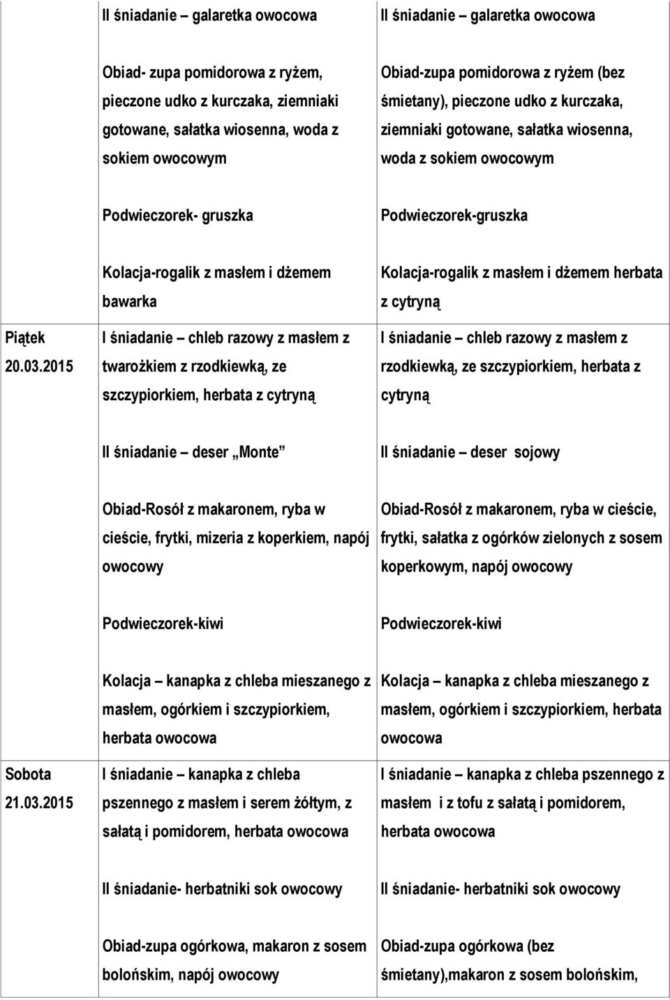 2015 Kolacja-rogalik z masłem i dżemem bawarka I śniadanie chleb razowy z masłem z twarożkiem z rzodkiewką, ze szczypiorkiem, Kolacja-rogalik z masłem i dżemem herbata z cytryną I śniadanie chleb