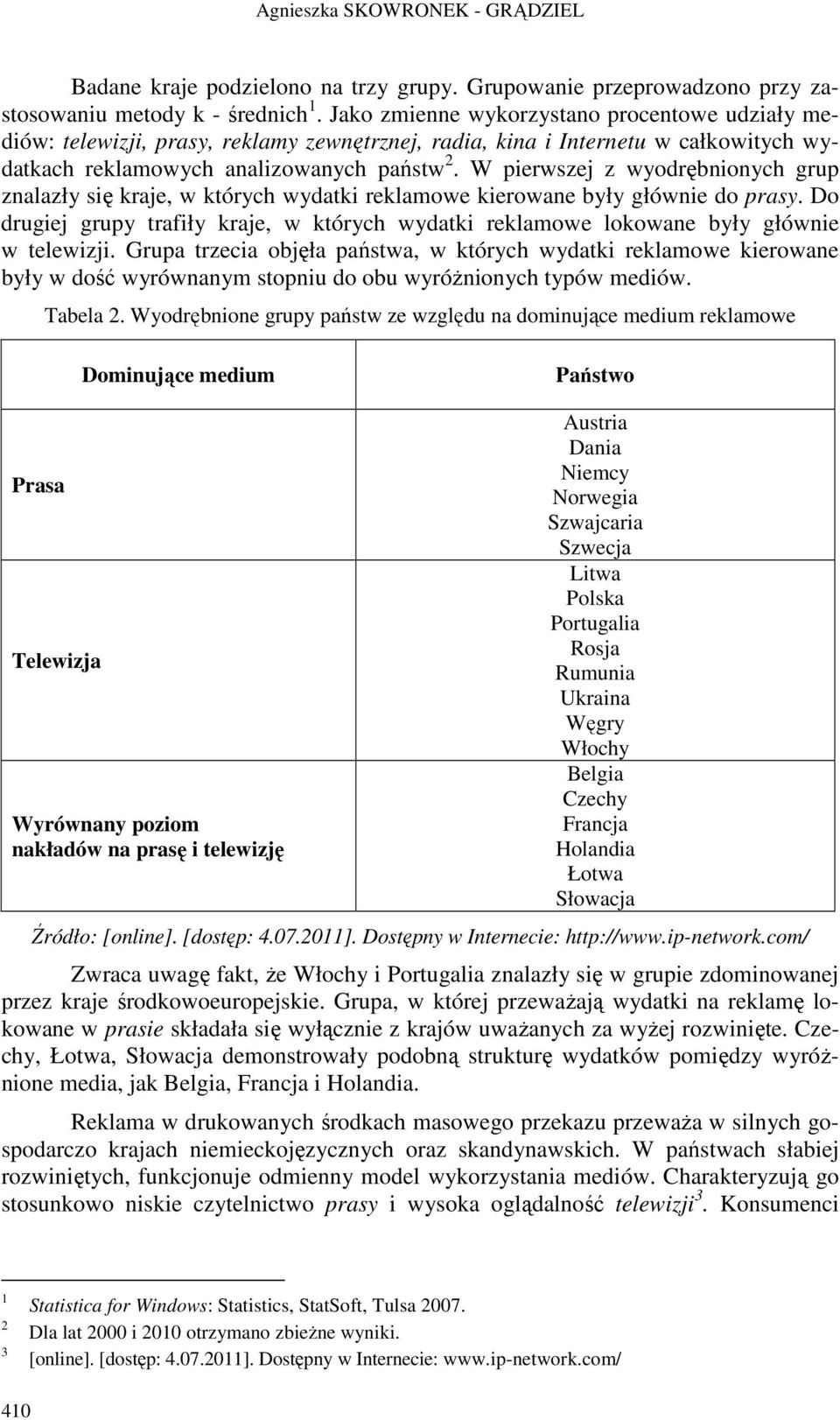 W pierwszej z wyodrębnionych grup znalazły się kraje, w których wydatki reklamowe kierowane były głównie do prasy.
