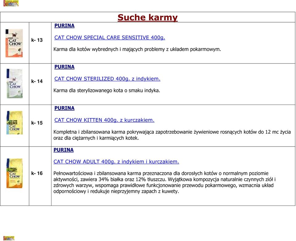 Kompletna i zbilansowana karma pokrywająca zapotrzebowanie żywieniowe rosnących kotów do 12 mc życia oraz dla ciężarnych i karmiących kotek. CAT CHOW ADULT 400g. z indykiem i kurczakiem.