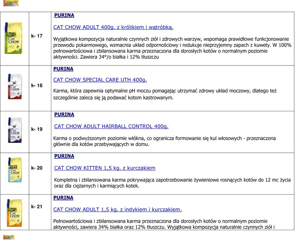 W 100% pełnowartościowa i zbilansowana karma przeznaczona dla dorosłych kotów o normalnym poziomie aktywności. Zawiera 34 /o białka i 12% tłuszczu k- 18 CAT CHOW SPECIAL CARE UTH 400g.