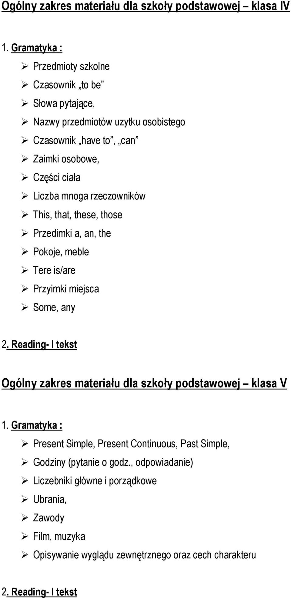 is/are Przyimki miejsca Some, any Ogólny zakres materiału dla szkoły podstawowej klasa V Present Simple, Present Continuous, Past Simple,