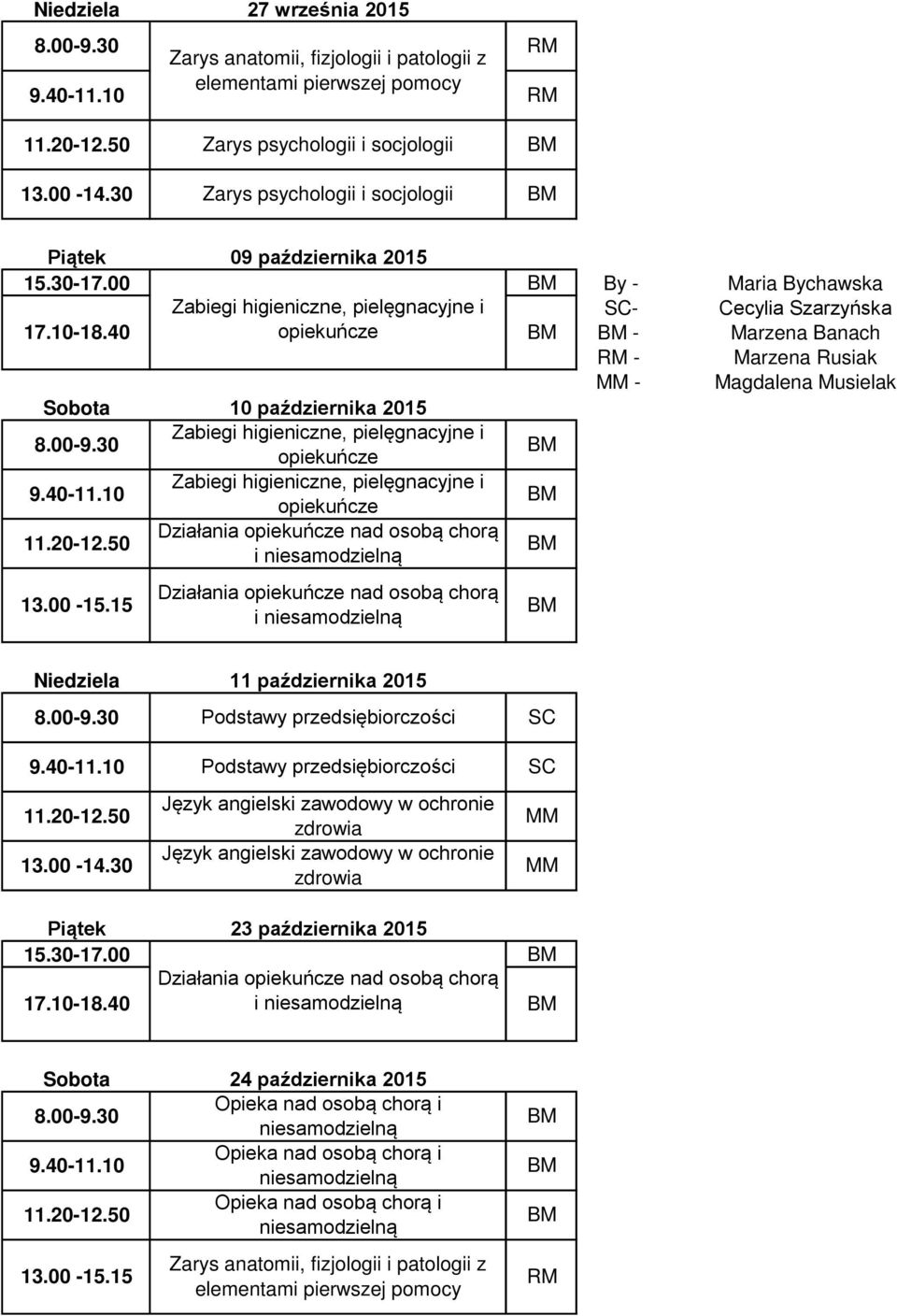 40 - - - Sobota 10 października 2015 Maria chawska Niedziela 11 października 2015 Podstawy