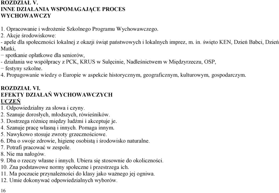 święto KEN, Dzień Babci, Dzień Matki, spotkanie opłatkowe dla seniorów, - działania we współpracy z PCK, KRUS w Sulęcinie, Nadleśnictwem w Międzyrzeczu, OSP, festyny szkolne. 4.