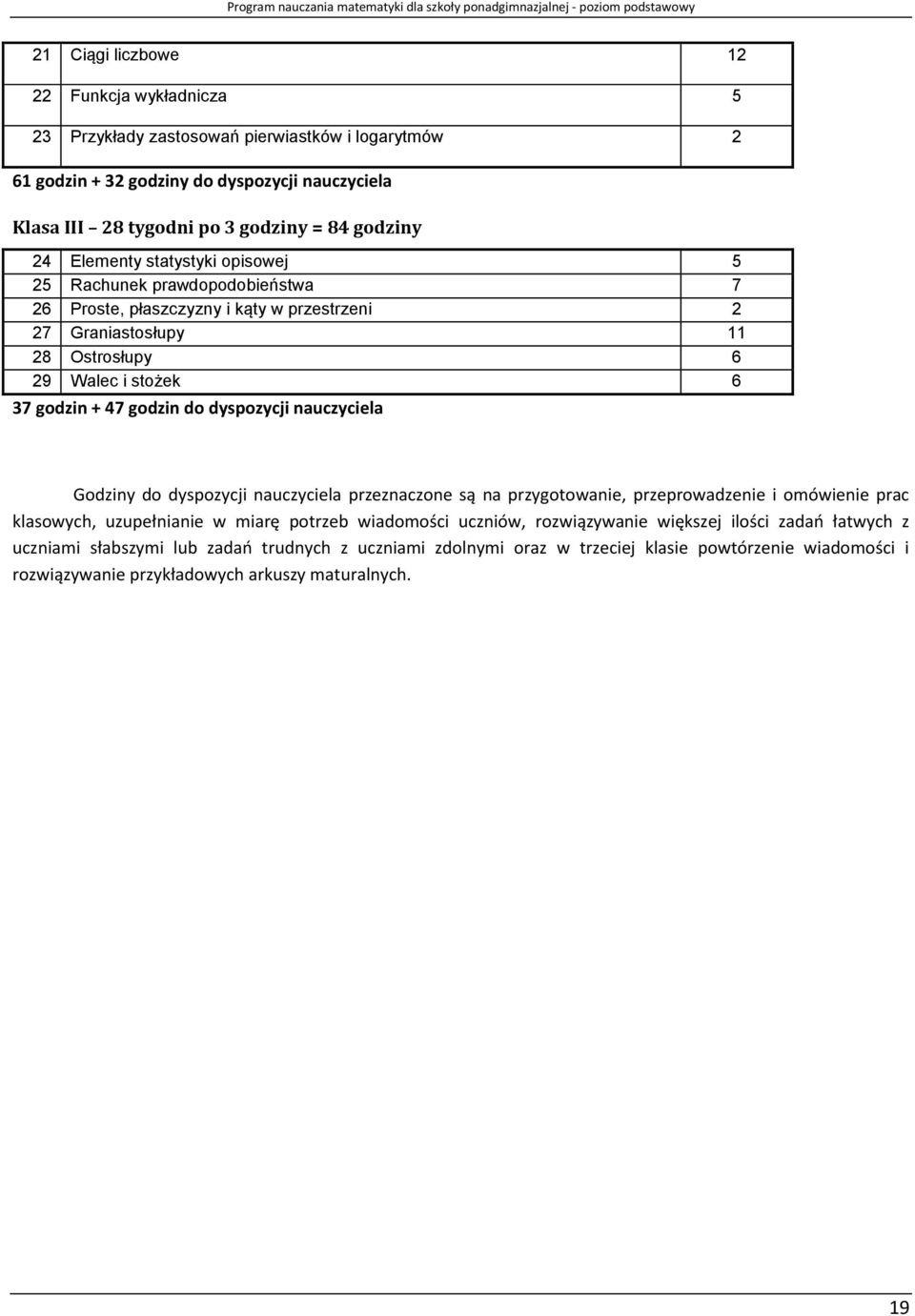 nauczyciela Godziny do dyspozycji nauczyciela przeznaczone są na przygotowanie, przeprowadzenie i omówienie prac klasowych, uzupełnianie w miarę potrzeb wiadomości uczniów,