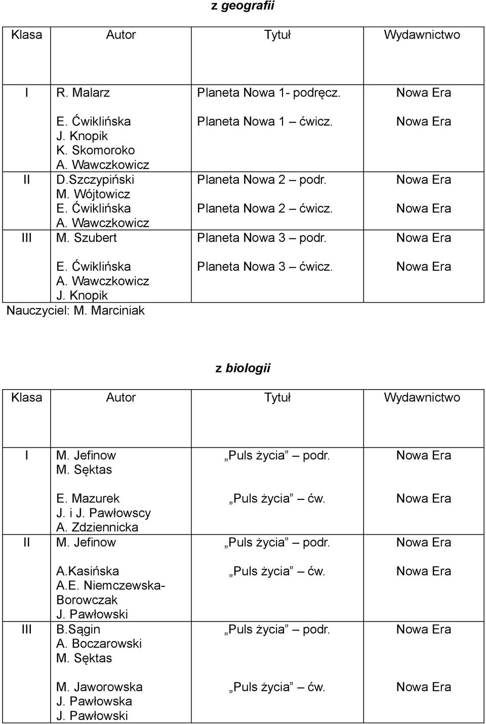 Marciniak Planeta Nowa 3 ćwicz. z biologii M. Jefinow M. Sęktas Puls życia podr. E. Mazurek J. i J. Pawłowscy A. Zdziennicka M. Jefinow Puls życia ćw.